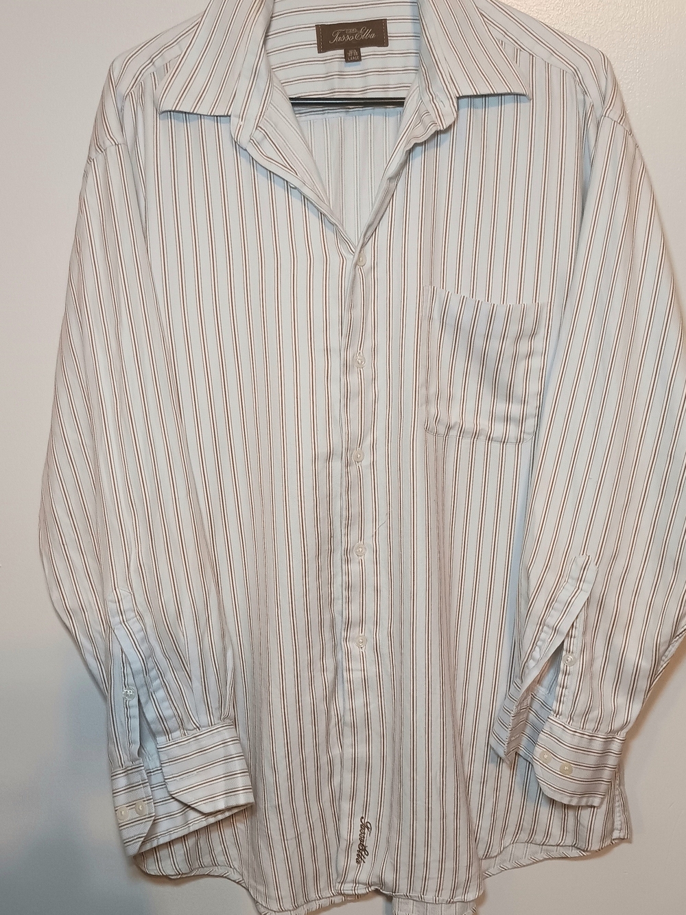 Tasso Elba Men's White Button-Up Shirt with Brown Stripes